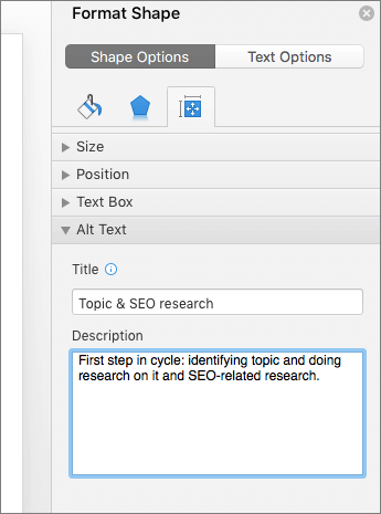 Screenshot of the Format Shape pane with the Alt Text boxes describing the selected shape